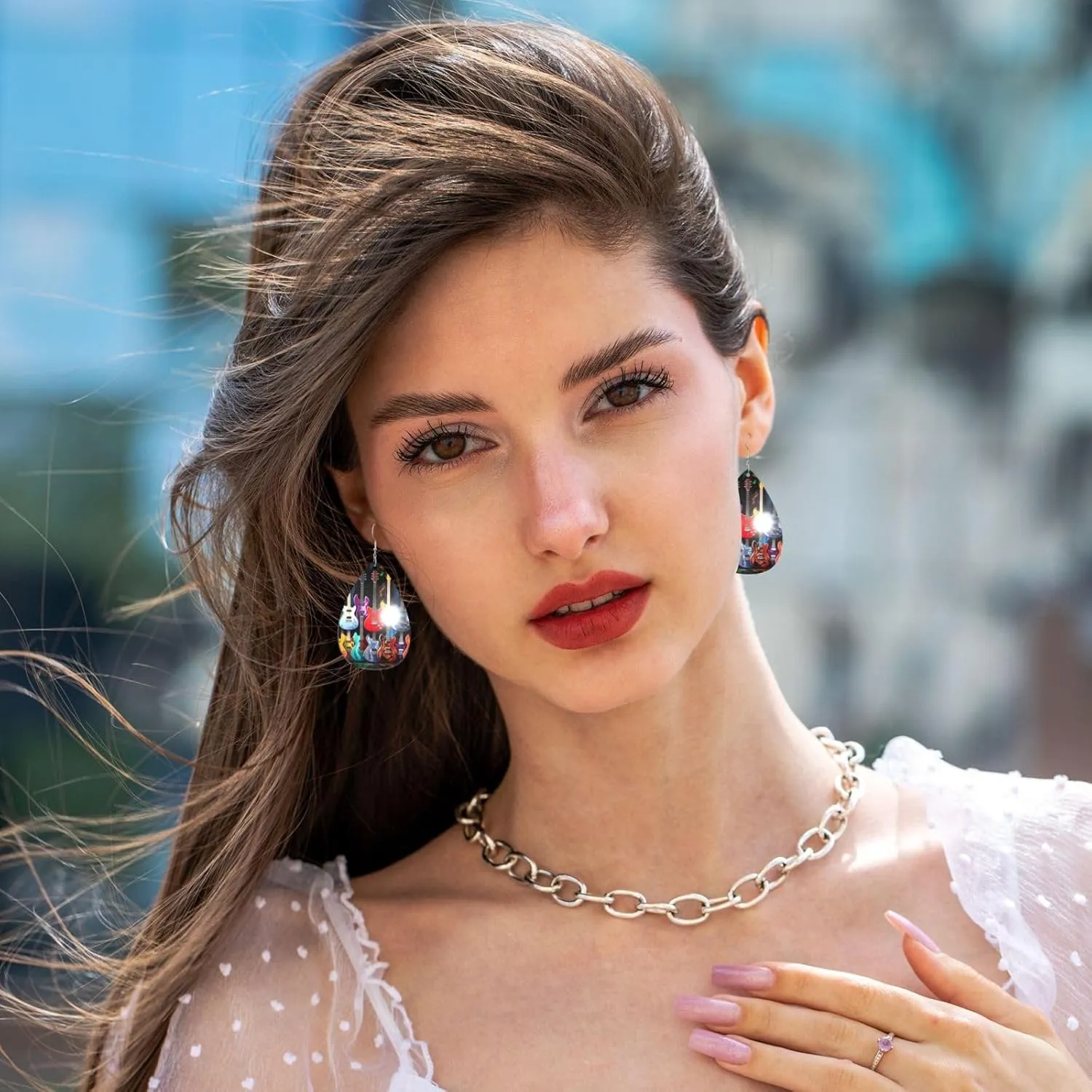 Stylish Drop-Shaped Acrylic Earrings Lightweight Printed Teardrop Dangle Earrings for Women (Guitars)