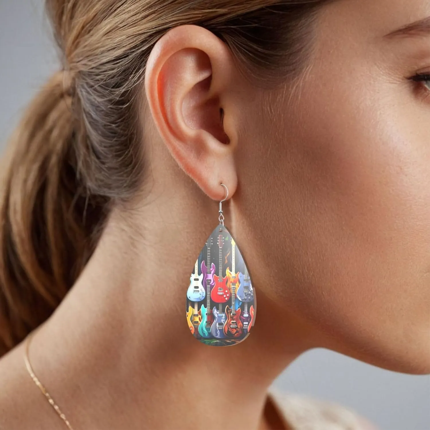 Stylish Drop-Shaped Acrylic Earrings Lightweight Printed Teardrop Dangle Earrings for Women (Guitars)