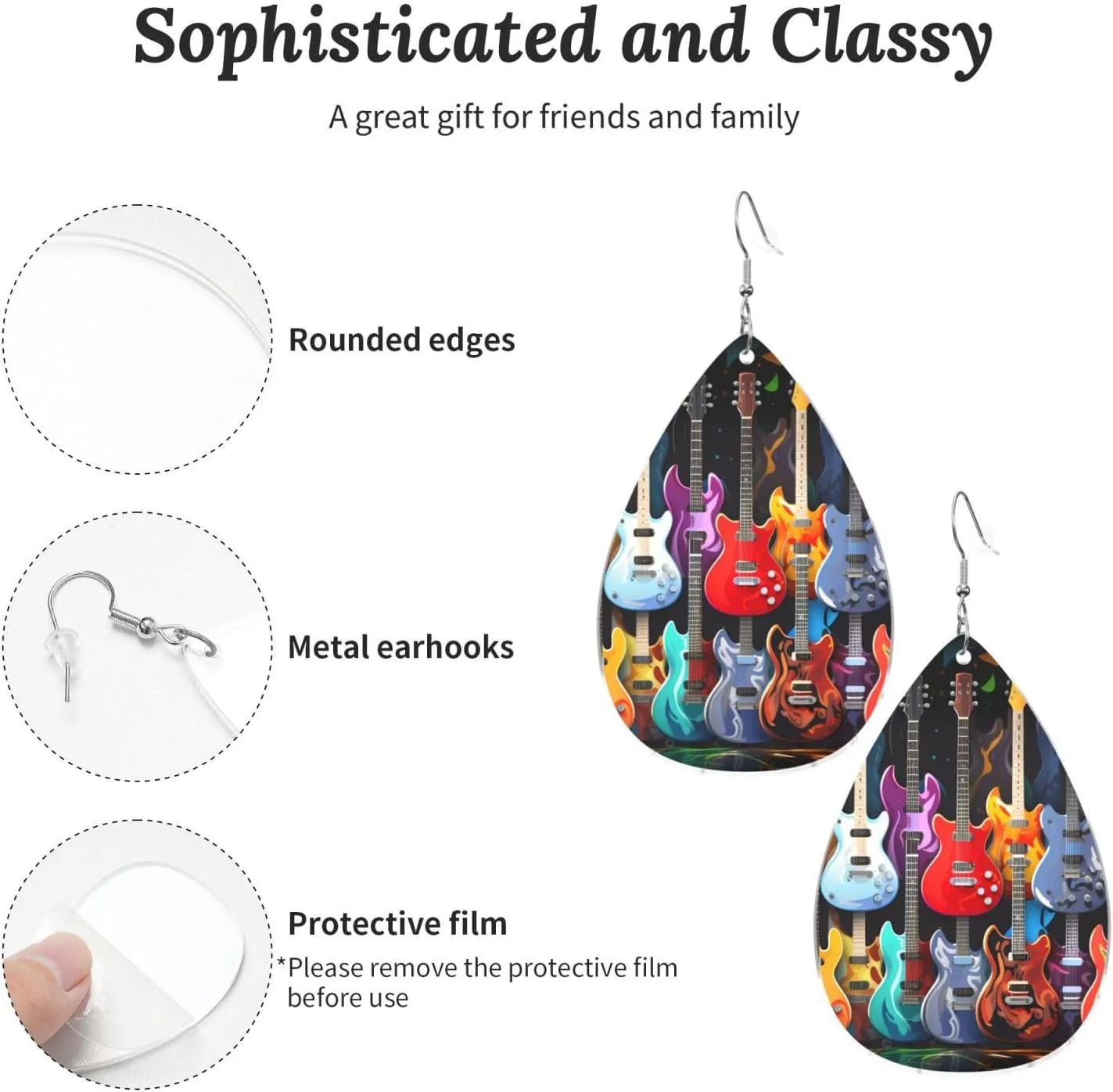 Stylish Drop-Shaped Acrylic Earrings Lightweight Printed Teardrop Dangle Earrings for Women (Guitars)