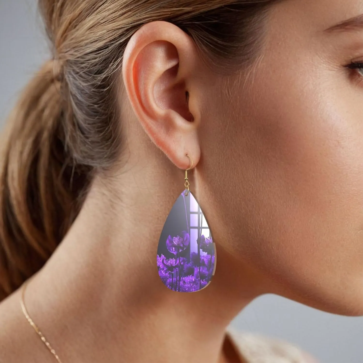 Stylish Drop-Shaped Acrylic Earrings Lightweight Printed Teardrop Dangle Earrings for Women (Purple Butterfly)