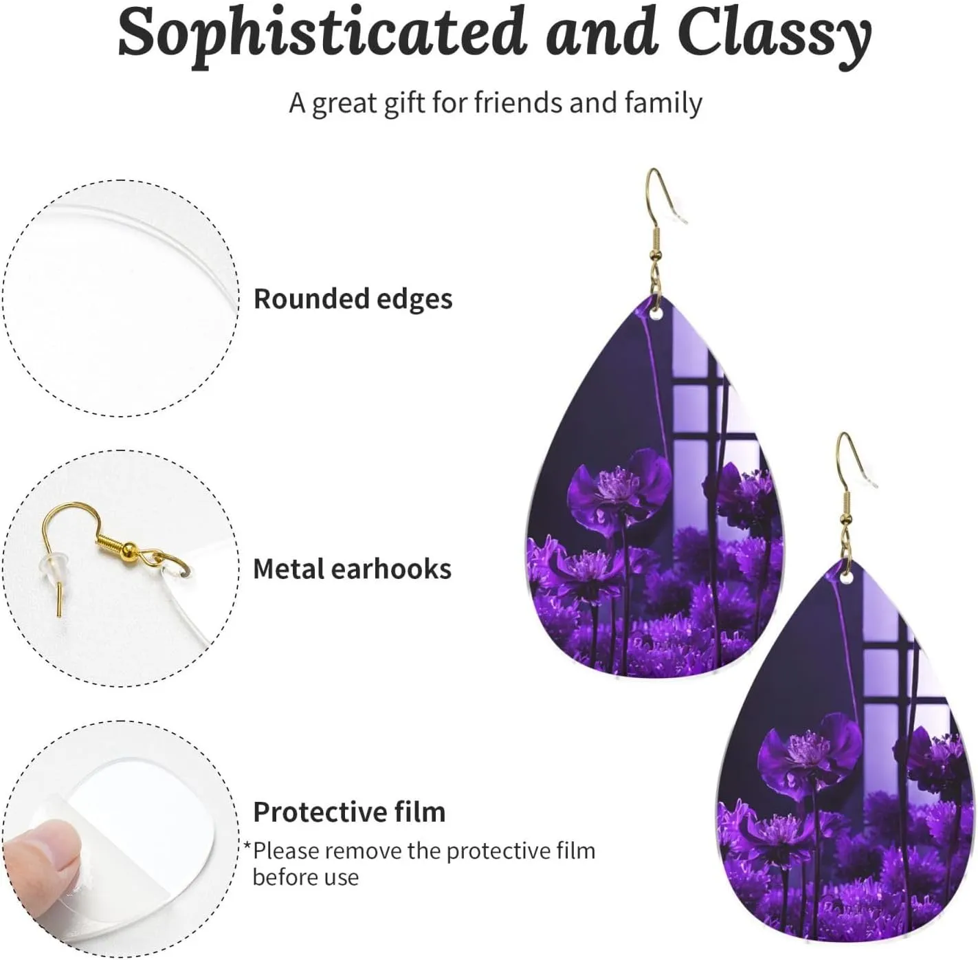 Stylish Drop-Shaped Acrylic Earrings Lightweight Printed Teardrop Dangle Earrings for Women (Purple Butterfly)