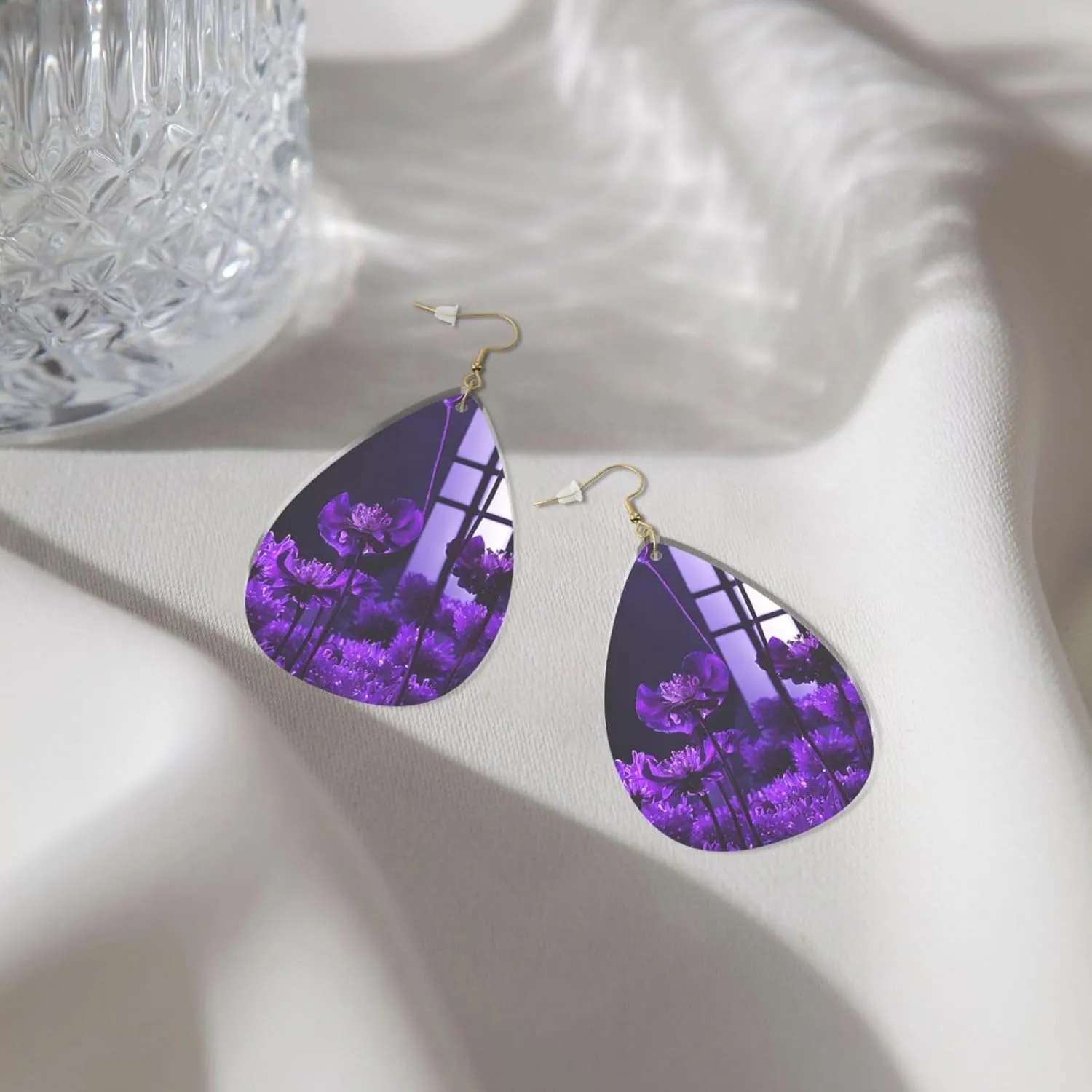 Stylish Drop-Shaped Acrylic Earrings Lightweight Printed Teardrop Dangle Earrings for Women (Purple Butterfly)