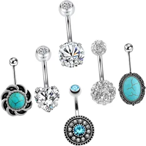 Stylish Navel Rings Set 6pcs Zircon Turquoise Navel Nail Belly Button Jewelry for Women
