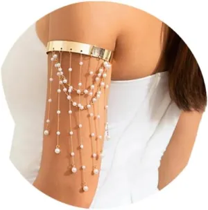 Summer Beach Beaded Tassel Arm Chain Open Adjustable Upper Arm Cuff Bracelet Jewelry Bikini Vintage Pearl Bracelets Bangles Pearl Hand Chain for Women