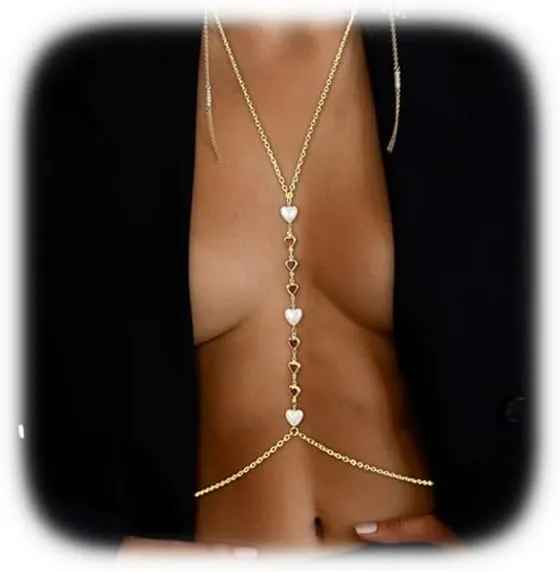 Summer Crystal Red Heart Harness Cross Bra Chest Body Chain Sexy Bikini Waist Belly Chain Summer Beach Festival Crystal Beads Body Chain Jewelry for Women