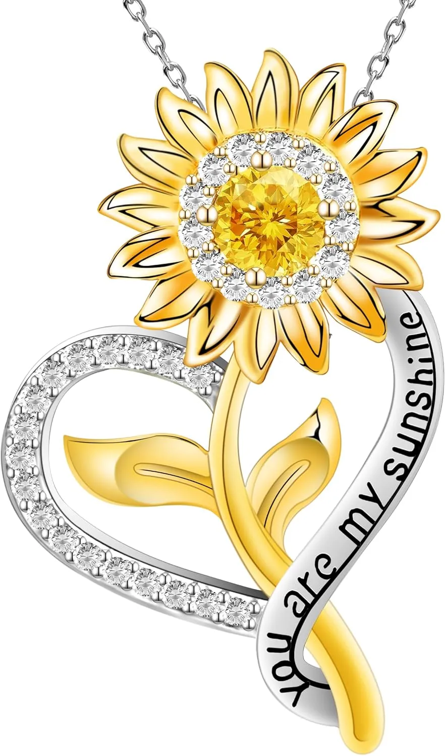 Sunflower Necklaces for Women, 18K Immersion Gold You Are My Sunshine Necklace, 925 Sterling Silver Sunflower Gifts for Women with Cubic Zirconia for Mom Wife Girlfriend, 17" Chain Length 1" Extender