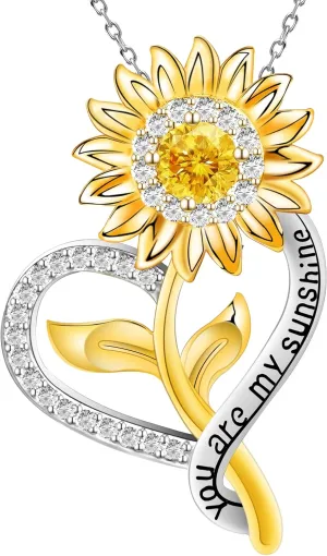 Sunflower Necklaces for Women, 18K Immersion Gold You Are My Sunshine Necklace, 925 Sterling Silver Sunflower Gifts for Women with Cubic Zirconia for Mom Wife Girlfriend, 17" Chain Length 1" Extender