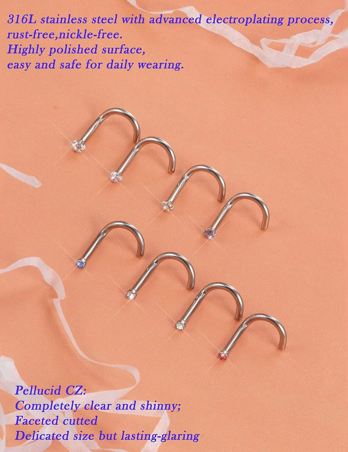 Surgical Steel Nose Ring Stud 18G 20G 22G L Shaped Screw Straight Nose Studs CZ Top 1.5mm 2mm 2.5mm 3mm 3.5mm 4mm Nose Piercings 18 Gauge 20 Gauge 22 Gauge Nose Rings Studs for Women Men