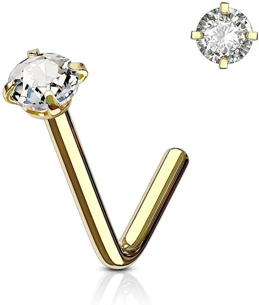 Surgical Steel Nose Ring Stud 20 & 18 Gauge 1/4" L Bend with CZ Gem