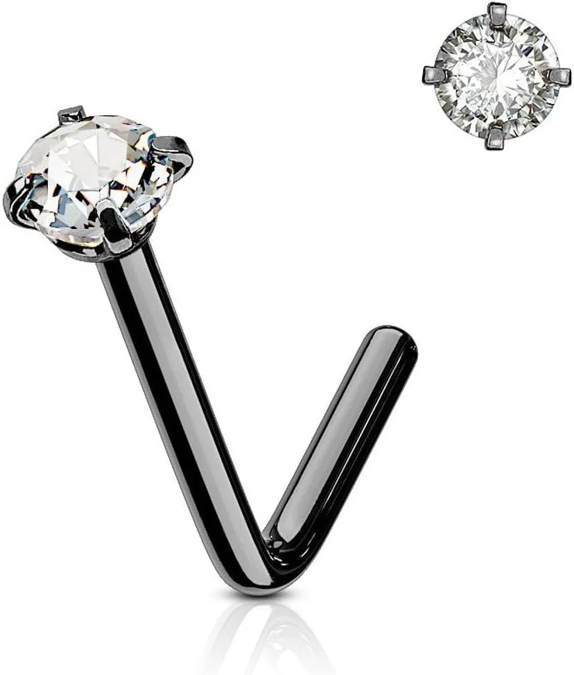 Surgical Steel Nose Ring Stud 20 & 18 Gauge 1/4" L Bend with CZ Gem