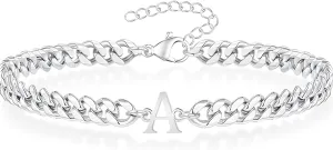 TAGOMEI Silver Initial Bracelets for Men Gifts for Boyfriend Birthday Graduation Gifts for Him Men A-Z Letter Bracelet Boyfriend Dad Husband Adjustable Stainless Steel Non Tarnish Cuban Link Bracelet