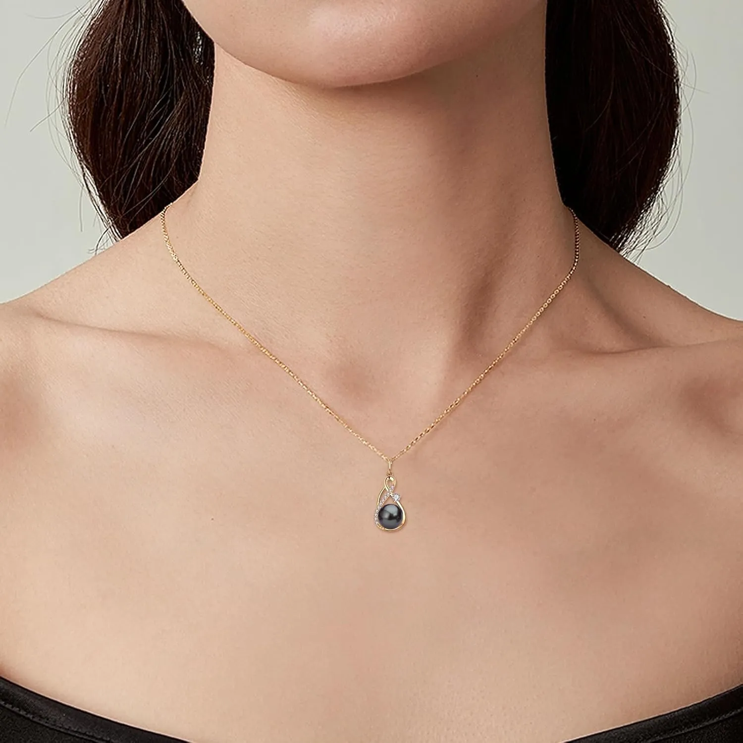 Tahitian Black Pearl Necklace for Women Genuine 9-10mm Round Tahitian Cultured Pearls Pendant 18K Gold Plated 925 Sterling Silver - Jewelry Gifts for Mom Wife Daughter