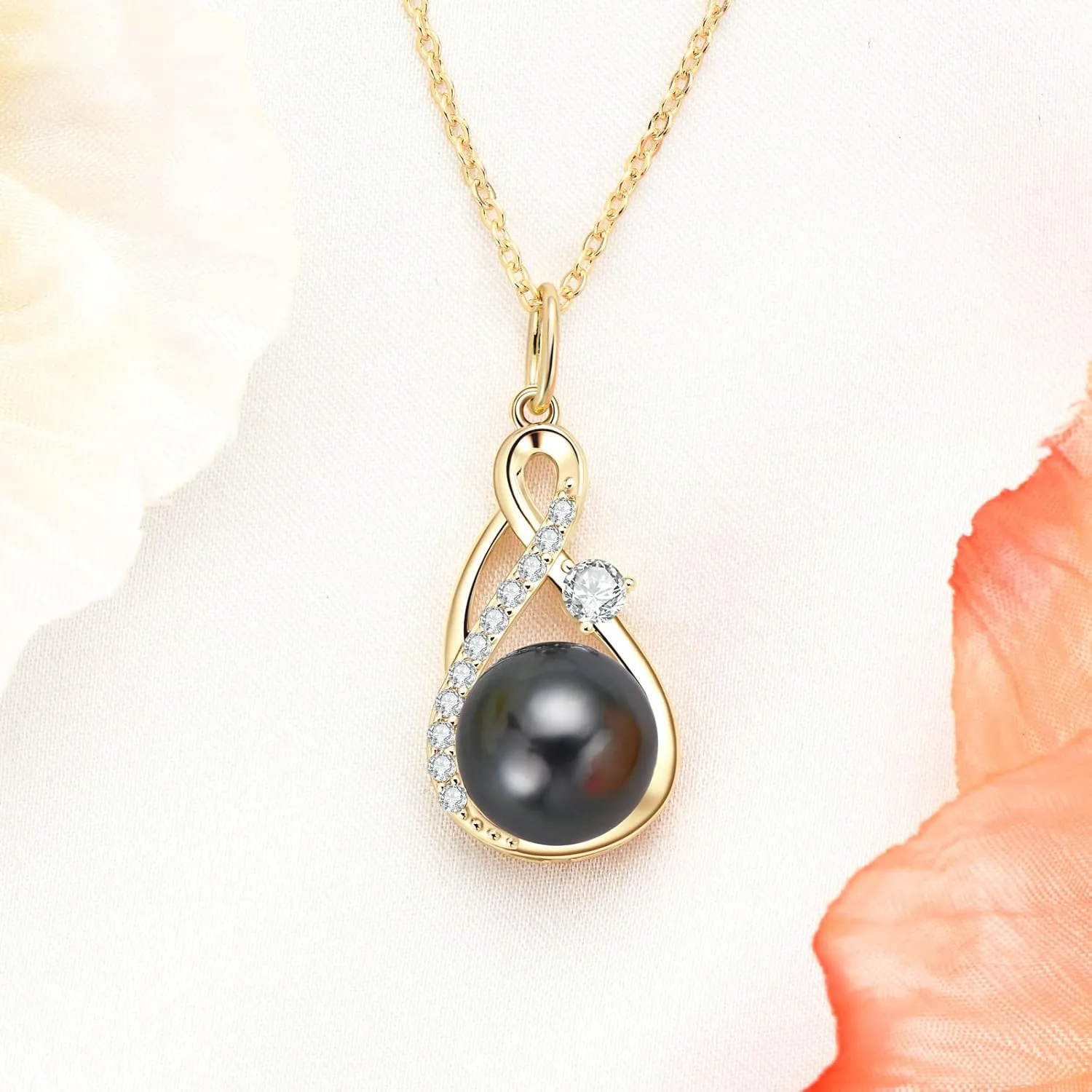 Tahitian Black Pearl Necklace for Women Genuine 9-10mm Round Tahitian Cultured Pearls Pendant 18K Gold Plated 925 Sterling Silver - Jewelry Gifts for Mom Wife Daughter