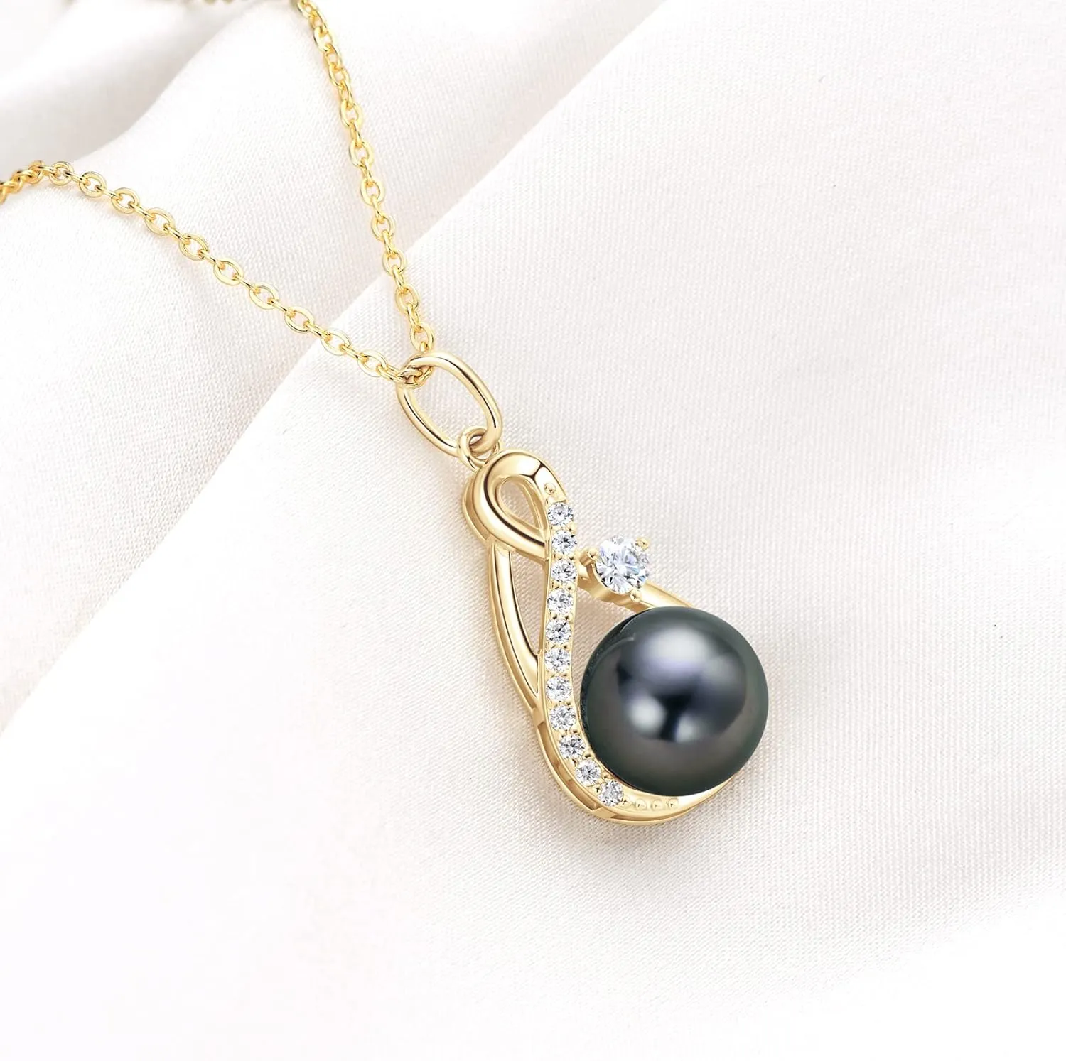 Tahitian Black Pearl Necklace for Women Genuine 9-10mm Round Tahitian Cultured Pearls Pendant 18K Gold Plated 925 Sterling Silver - Jewelry Gifts for Mom Wife Daughter