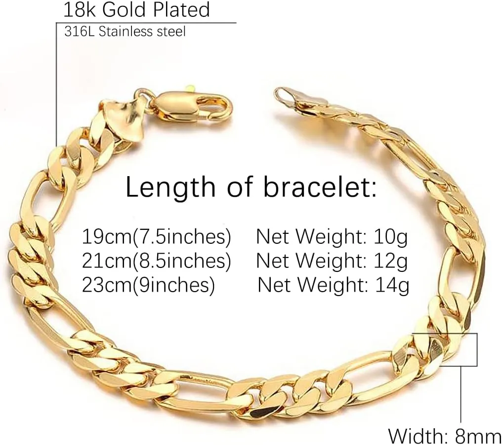 Taoqiao Men Gold Personalized Cuban Bracelet 7.5/8.5/9inch 18K Gold Plated Stainless Steel Figora Classic Hip Hop Gold Bracelet for Men