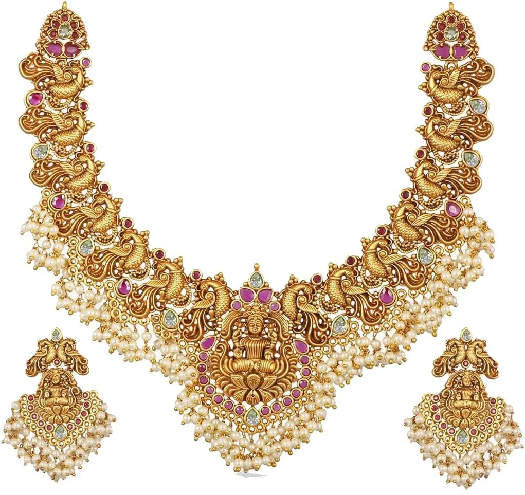 TARINIKA Antique Gold Plated Cira Short Necklace Set with Floral Design - Indian Jewelry Sets for Women | Perfect for Ethnic Occasions | Traditional South Indian Necklace | 1 Year Warranty*