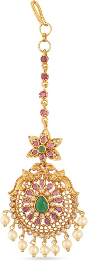 Tarinika Antique Gold Plated Parv Maang Tikka with Peacock Design - Indian Mang Tika for Women | Perfect for Ethnic Occasions | Traditional Indian Jewelry | 1 Year Warranty*