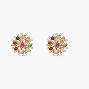 Tarinika Brass Navaratna Floral Stud Earrings - Indian Earrings for Women | Perfect for Casual Occasions | Traditional Indian Jewelry | 1 Year Warranty*