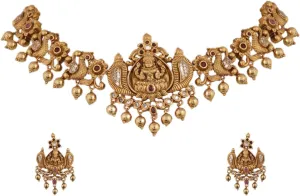 TARINIKA Brass Sankha Antique Choker Necklace Set with Temple Design - Indian Choker Necklace for Women | Perfect for Ethnic occasions | Indian Jewelry Sets for Women
