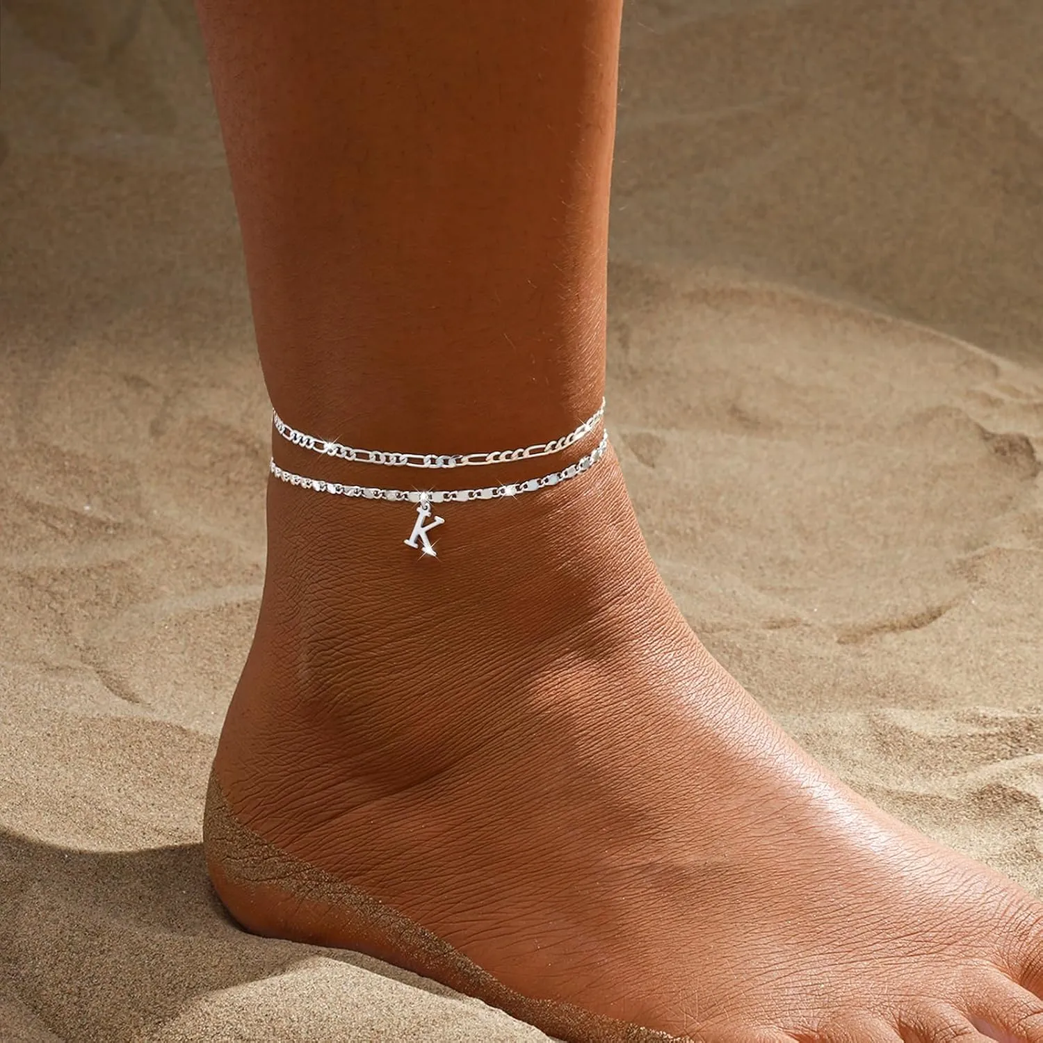 Tasiso Initial Ankle Bracelets for WomenLayered Waterproof Anklet for Women Sterling Silver Plated Anklets Layering Thin Figaro Letter Anklet Summer Jewelry Gifts for Women