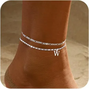Tasiso Initial Ankle Bracelets for WomenLayered Waterproof Anklet for Women Sterling Silver Plated Anklets Layering Thin Figaro Letter Anklet Summer Jewelry Gifts for Women