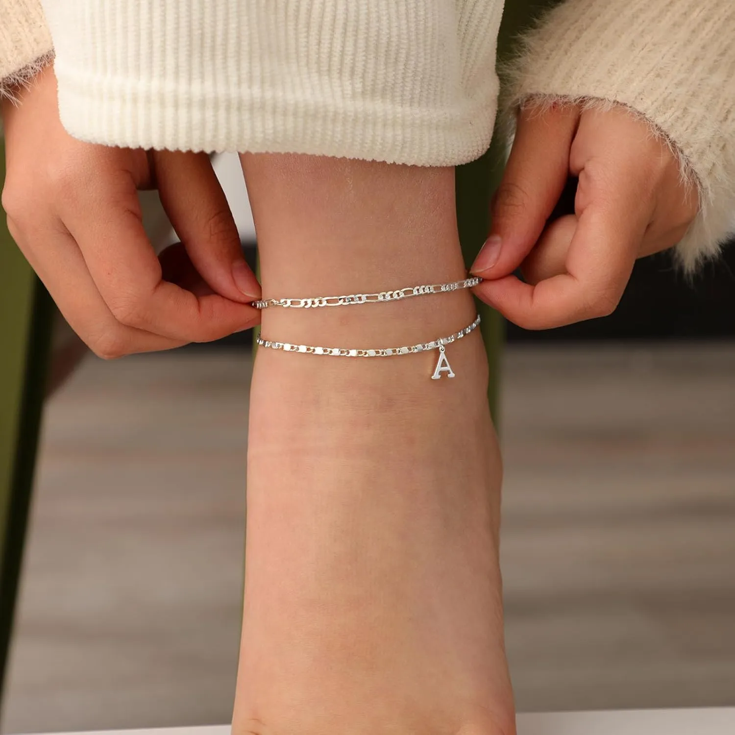 Tasiso Initial Ankle Bracelets for WomenLayered Waterproof Anklet for Women Sterling Silver Plated Anklets Layering Thin Figaro Letter Anklet Summer Jewelry Gifts for Women