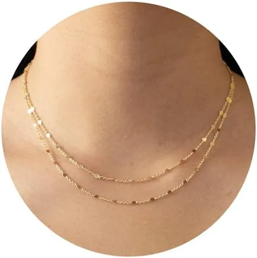 Tewiky Gold Chain Necklace for Women, 14k Gold Plated Thin Beaded Wave Box Chain Necklace Dainty Gold Necklace Simple Layered Gold Choker Necklaces Minimalist Gold Link Chain Necklace Trendy Jewelry for Women