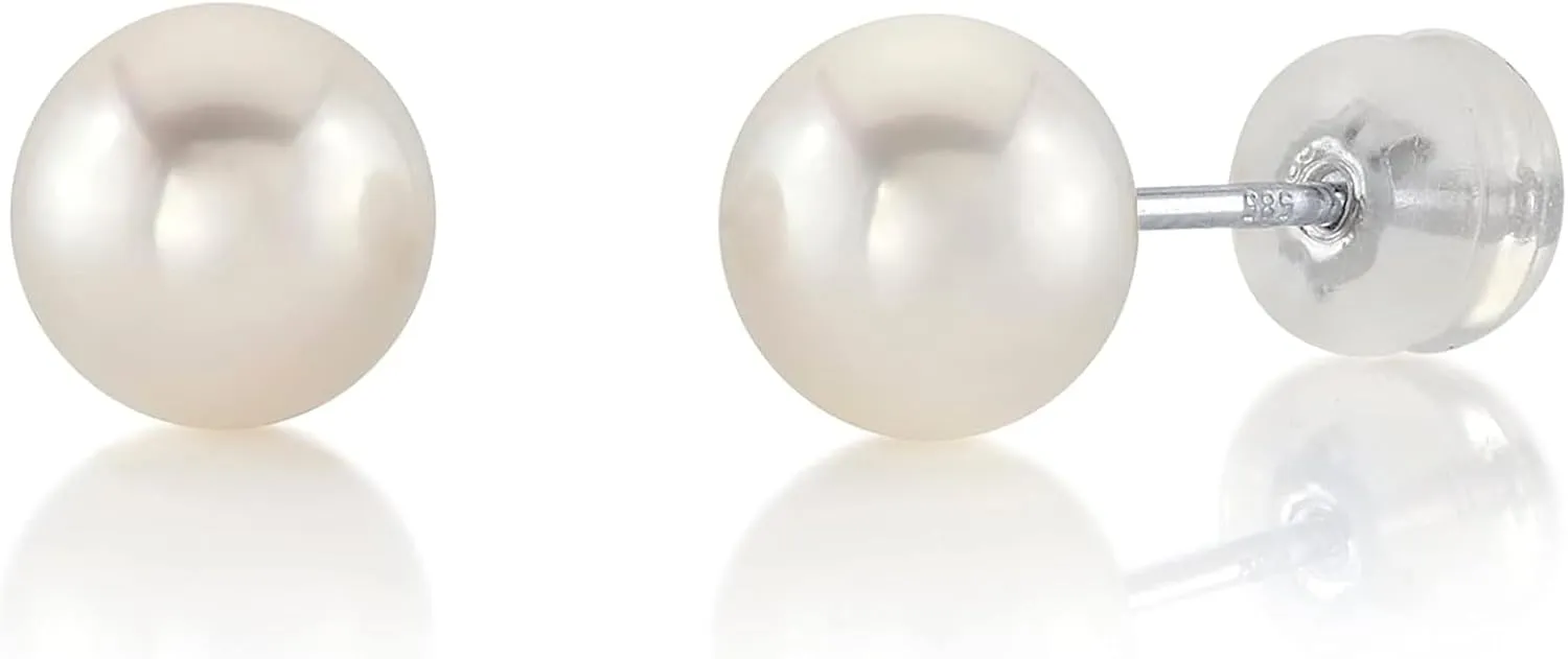 THE PEARL SOURCE Round White Freshwater Real Pearl Earrings for Women - 14k Gold Stud Earrings | Hypoallergenic Earrings with Genuine Cultured Pearls, 6.0-6.5mm