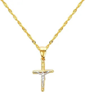 The World Jewelry Center 14k Two Tone Gold Jesus Cross Religious Pendant with 1.2mm Singapore Chain Necklace