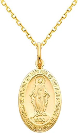 The World Jewelry Center 14k Yellow Gold Religious Miraculous Mary Medal Pendant with 1.2mm Cable Chain Necklace