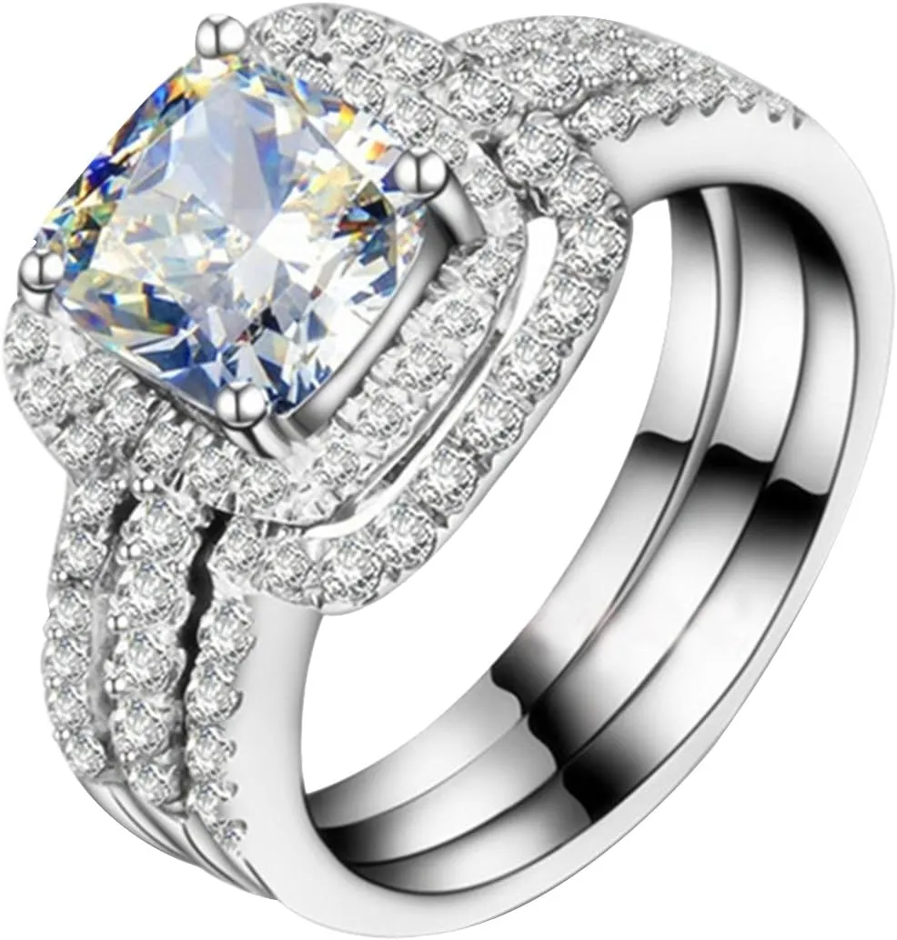 THREE MAN White Gold Plated 2CT Cushion Engagement Ring Wedding Bands NSCD Simulated Diamond Rings Set Women