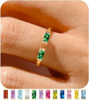 TOBENY Gold Birthstone Rings for Women 14K Gold Plated Adjustable Rings Non Tarnish Gold Stackable Rings Dainty Emerald Green Cubic Zirconia Ring for Mother Daughter Birthday Jewelry Gifts