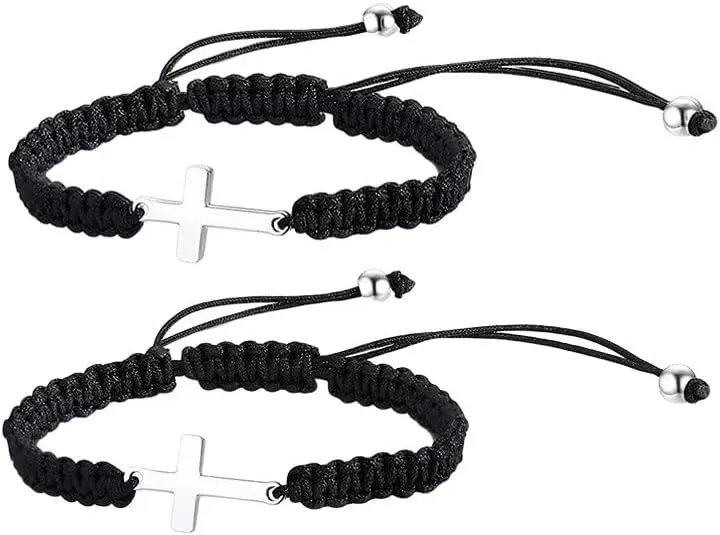 Todu 2 Pieces Friendship Cross Bracelet Rope Braided Bracelet Cross Adjustable Couple Bracelets Stainless Steel Handmade Lucky Matching Bracelets For Women Men Brother Lucky Bff