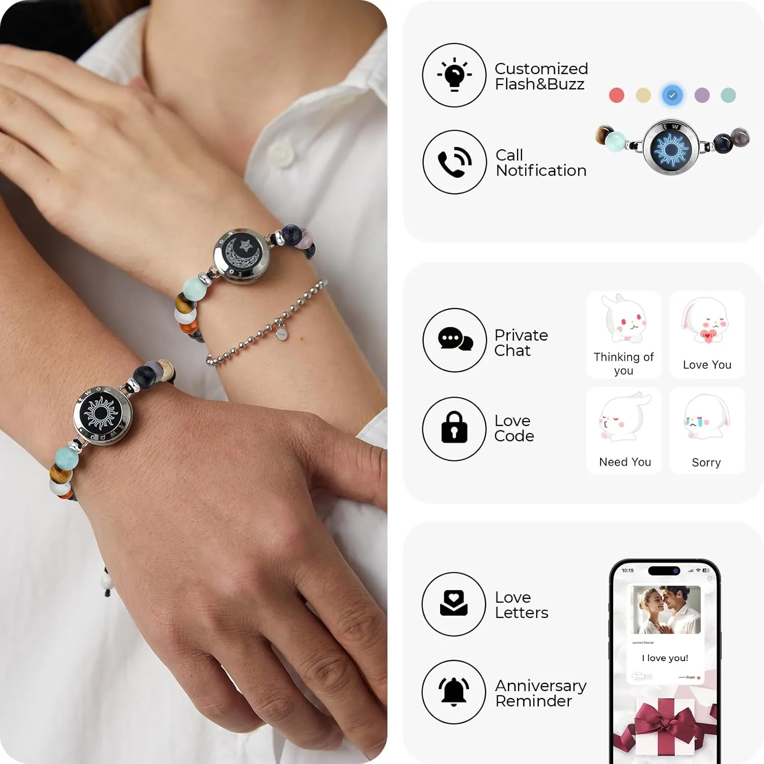 TOTWOO Long Distance Touch Bracelets for Couples, Vibration & Light up for Love Couples Bracelets | Long Distance Relationship Gifts for Girlfriend Bluetooth Pairing Jewelry