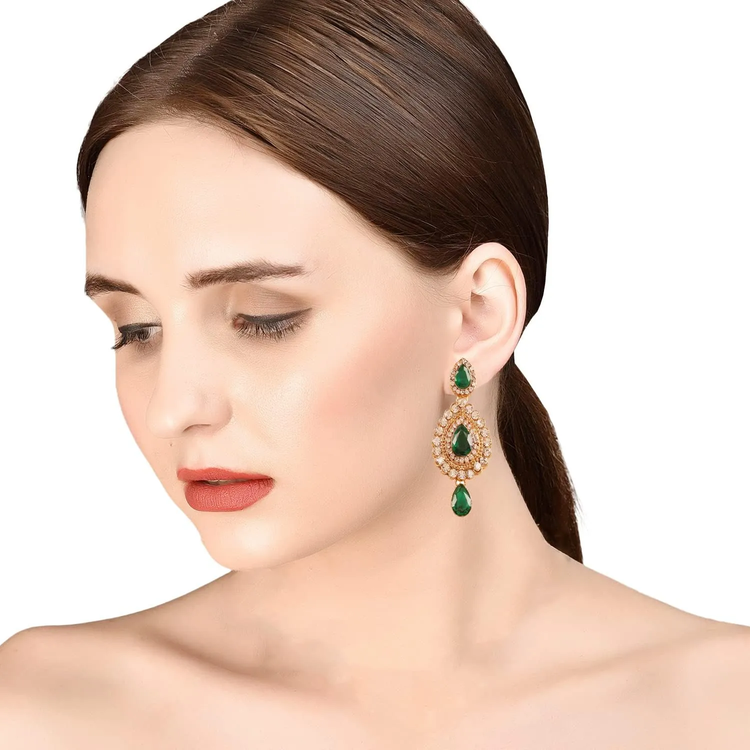Touchstone Indian Bollywood Desire Contemporary Diamond Look Rhinestone Designer Jewelry Chandelier Earrings In Antique Gold Tone For Women
