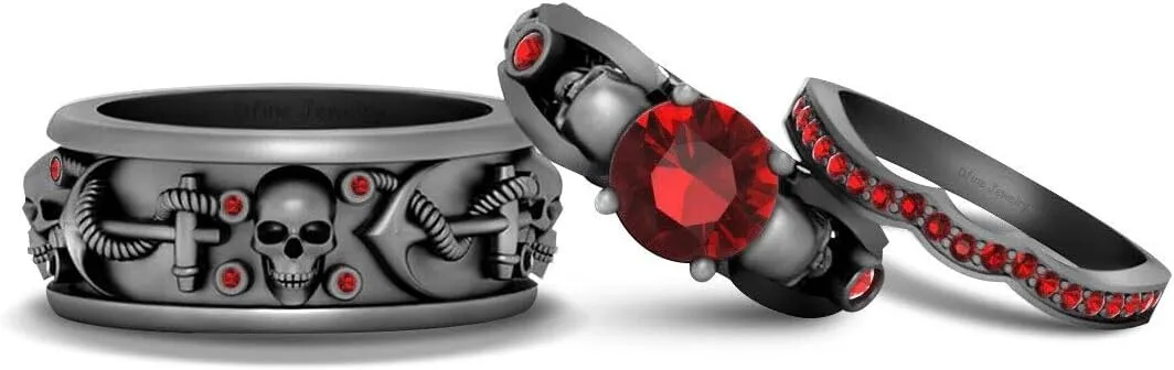 Triostar Skull Wedding Ring Set His and Her Couple Gothic Jewelry Trio Matching Red Garnet Gemstone 14K Black Gold Over 925 Sterling Silver