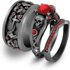 Triostar Skull Wedding Ring Set His and Her Couple Gothic Jewelry Trio Matching Red Garnet Gemstone 14K Black Gold Over 925 Sterling Silver