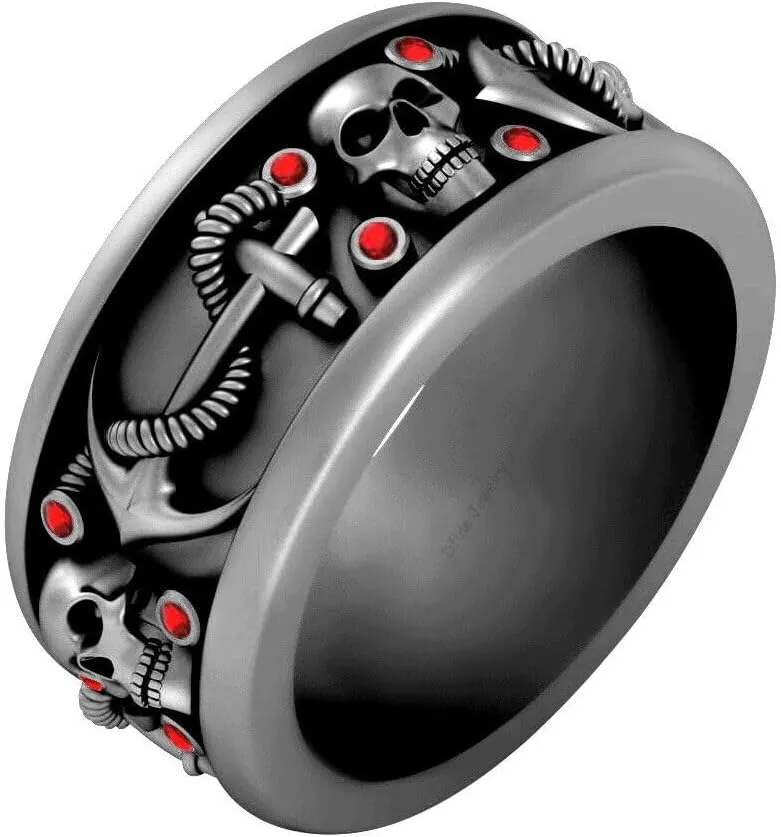 Triostar Skull Wedding Ring Set His and Her Couple Gothic Jewelry Trio Matching Red Garnet Gemstone 14K Black Gold Over 925 Sterling Silver
