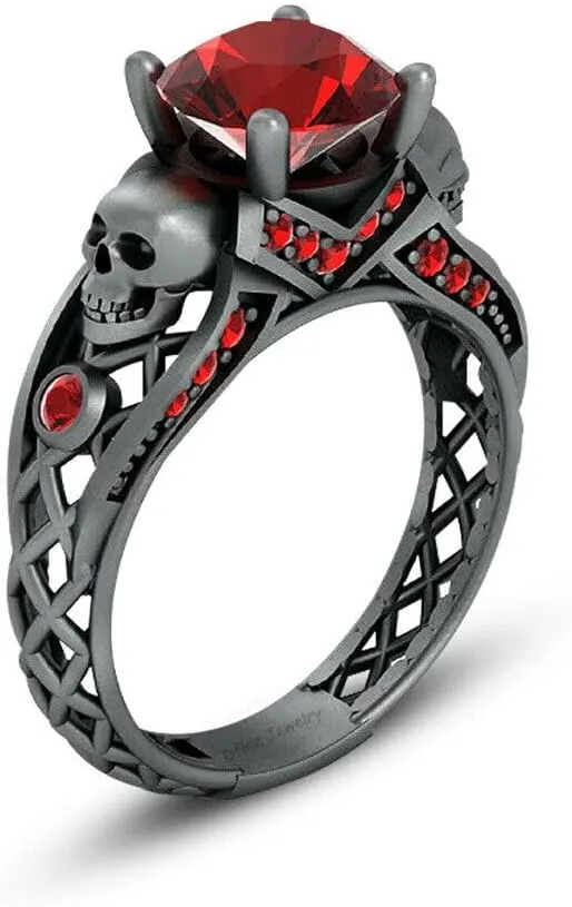 Triostar Skull Wedding Ring Set His and Her Couple Gothic Jewelry Trio Matching Red Garnet Gemstone 14K Black Gold Over 925 Sterling Silver