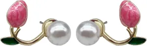 Tulip Pearl Stud Earrings for Women Fashion Statement Pearl Ear Hook Ear Cuff Jacket Front Back Flower Earring for Woman