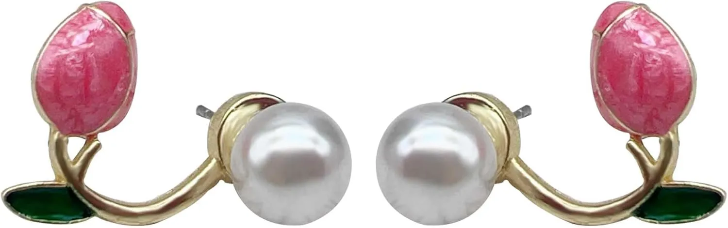 Tulip Pearl Stud Earrings for Women Fashion Statement Pearl Ear Hook Ear Cuff Jacket Front Back Flower Earring for Woman