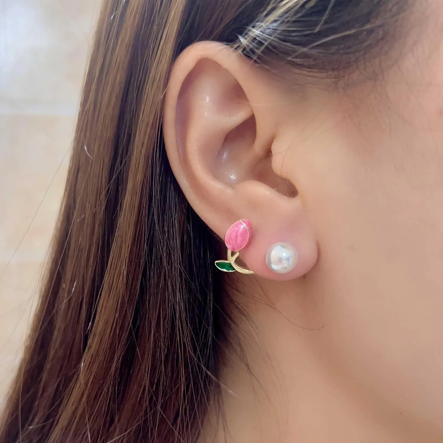 Tulip Pearl Stud Earrings for Women Fashion Statement Pearl Ear Hook Ear Cuff Jacket Front Back Flower Earring for Woman