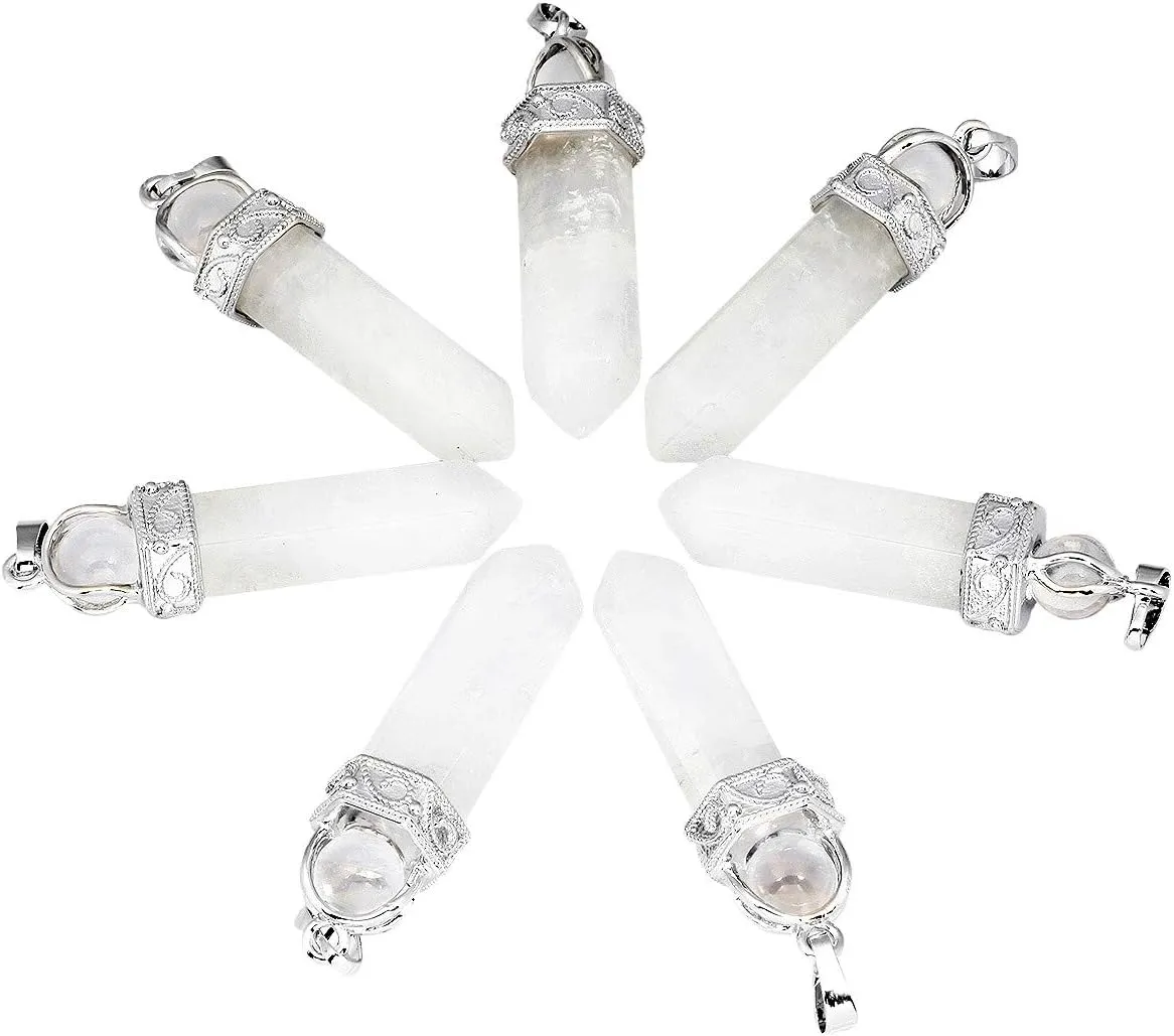 TUMBEELLUWA Crystal Point Necklaces Hexagonal Prism Stone Pendants with Chain Healing Jewelry Pack of 2