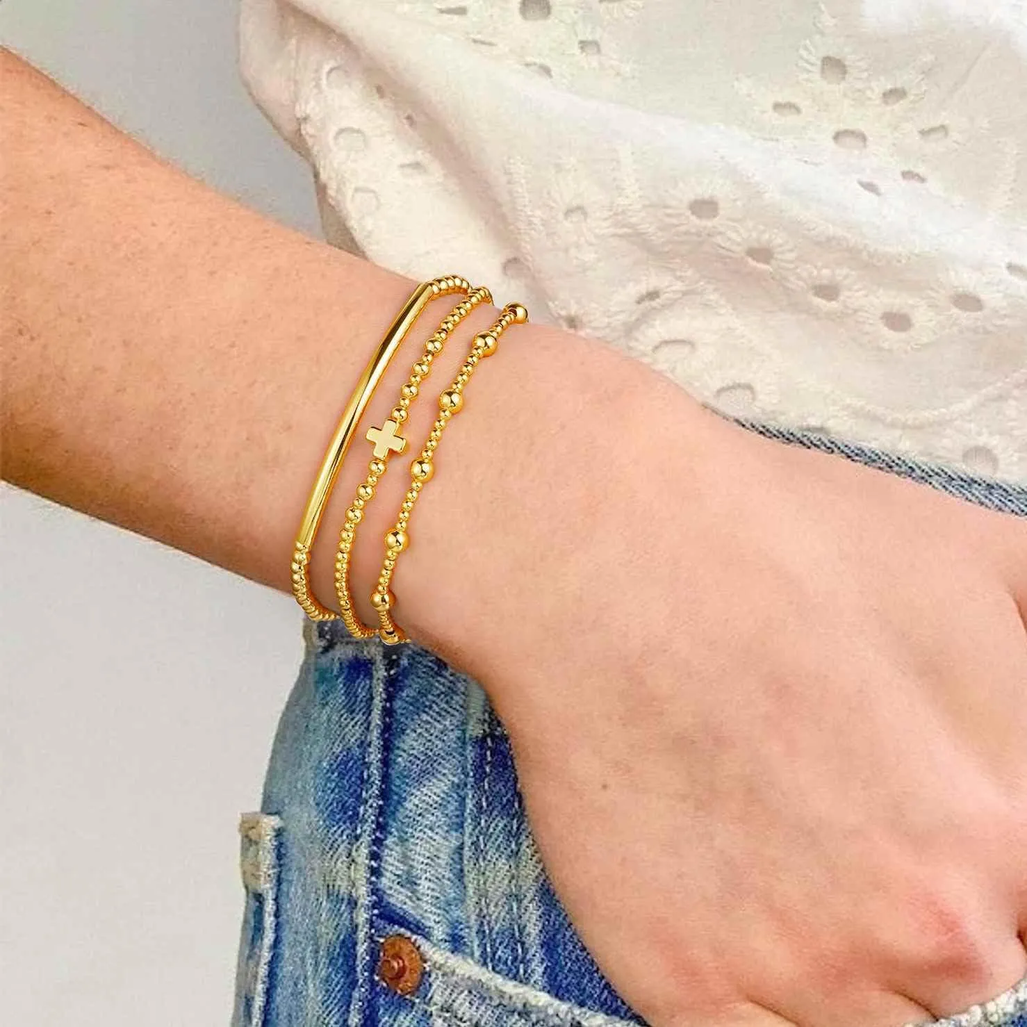 Turandoss Gold Cross Bead Bracelets Sets for Women Girls - Dainty Gold Layered Plated Bracelets for Women, Initial Gold Bead Bracelet Stack, Gold Cuff Letter J Bracelet, Gold Jewelry for Women
