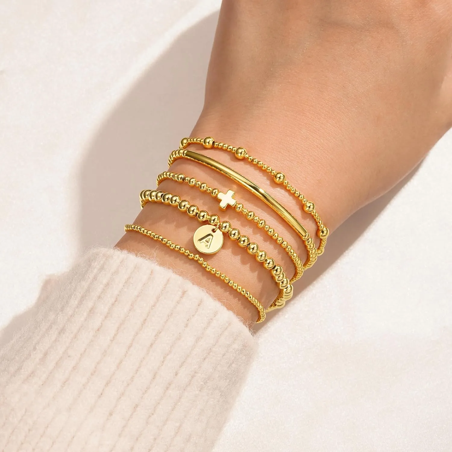Turandoss Gold Cross Bead Bracelets Sets for Women Girls - Dainty Gold Layered Plated Bracelets for Women, Initial Gold Bead Bracelet Stack, Gold Cuff Letter J Bracelet, Gold Jewelry for Women