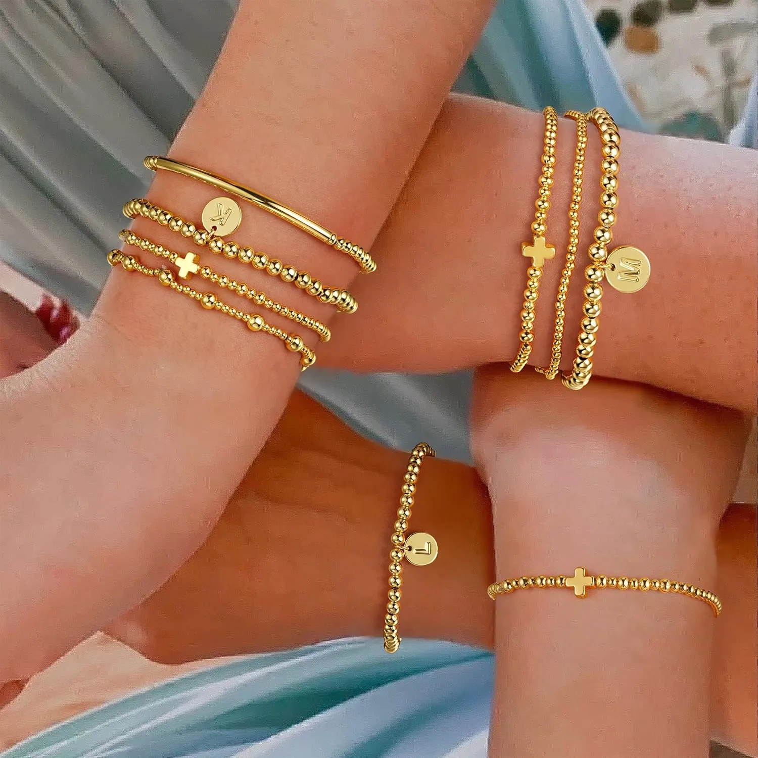 Turandoss Gold Cross Bead Bracelets Sets for Women Girls - Dainty Gold Layered Plated Bracelets for Women, Initial Gold Bead Bracelet Stack, Gold Cuff Letter J Bracelet, Gold Jewelry for Women