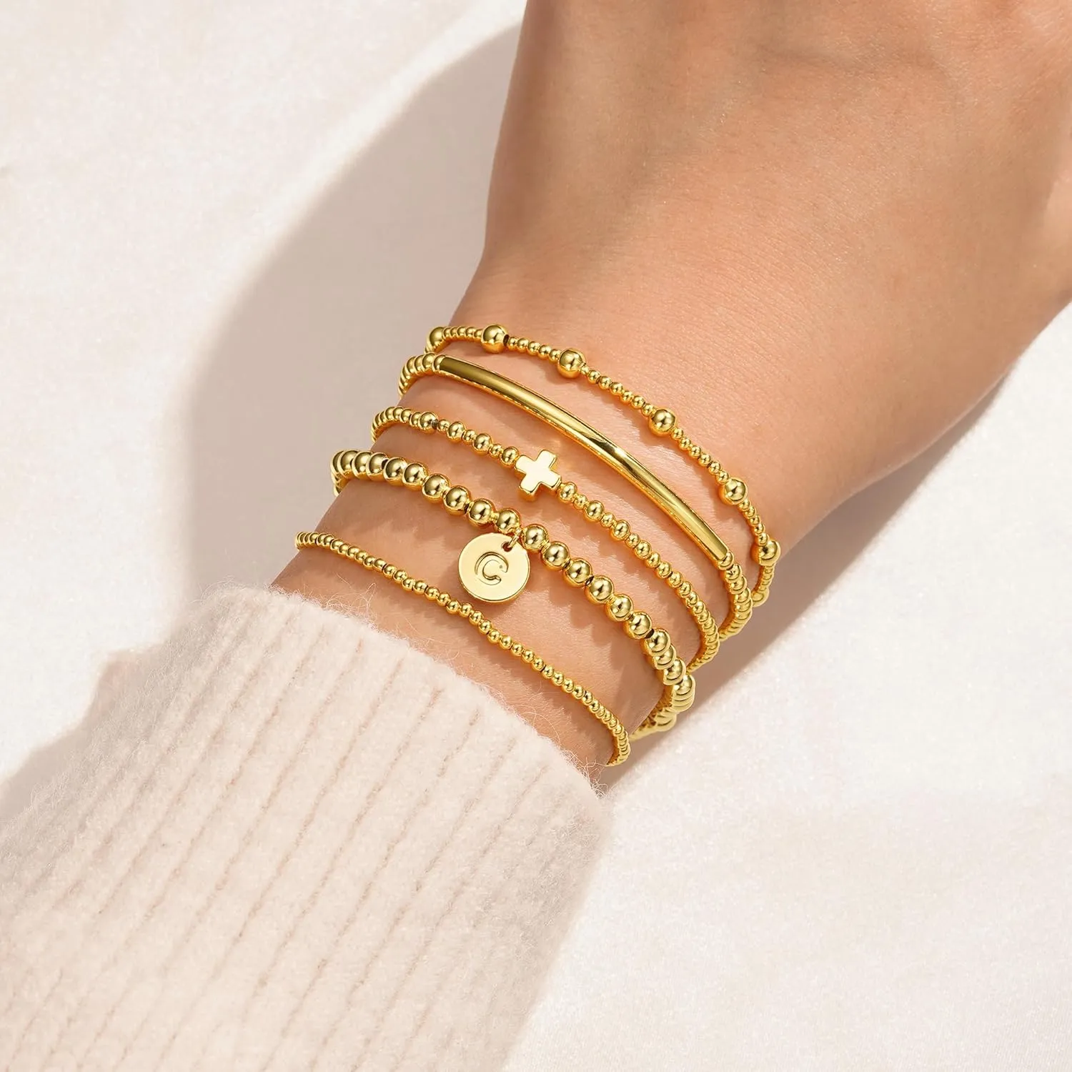 Turandoss Gold Cross Bead Bracelets Sets for Women Girls - Dainty Gold Layered Plated Bracelets for Women, Initial Gold Bead Bracelet Stack, Gold Cuff Letter J Bracelet, Gold Jewelry for Women