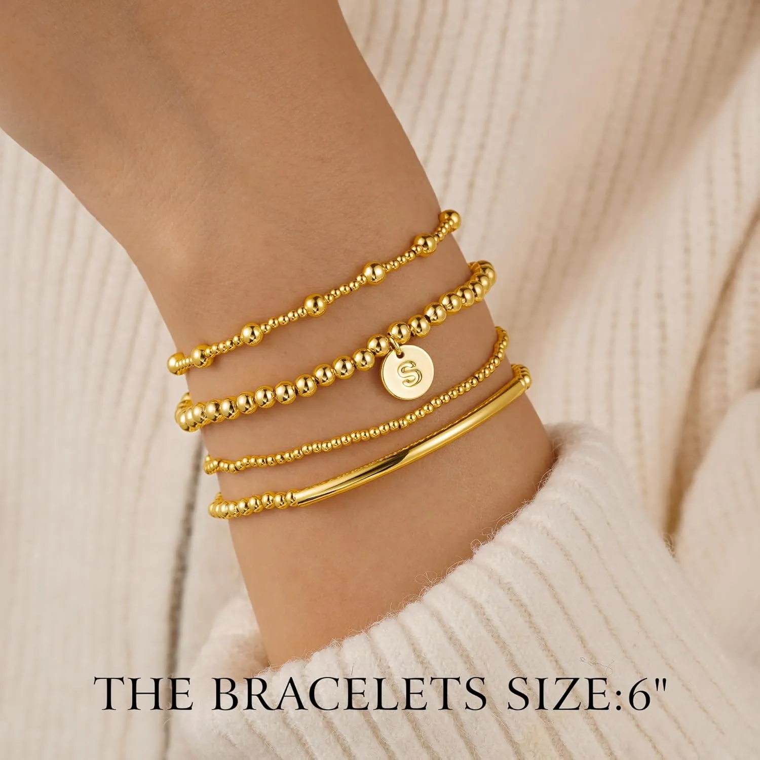 Turandoss Gold Cross Bead Bracelets Sets for Women Girls - Dainty Gold Layered Plated Bracelets for Women, Initial Gold Bead Bracelet Stack, Gold Cuff Letter J Bracelet, Gold Jewelry for Women