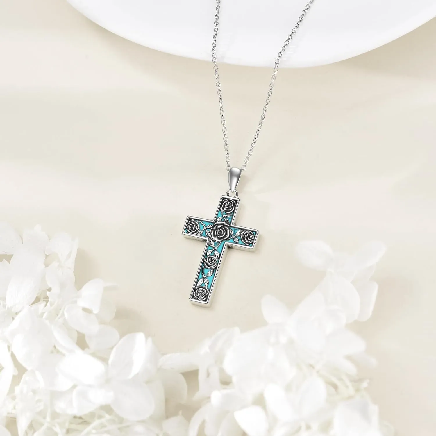 Turquoise Cross Necklace for Men Women S925 Sterling Silver Turquoise Pendant Necklaces Cross Jewelry Gifts