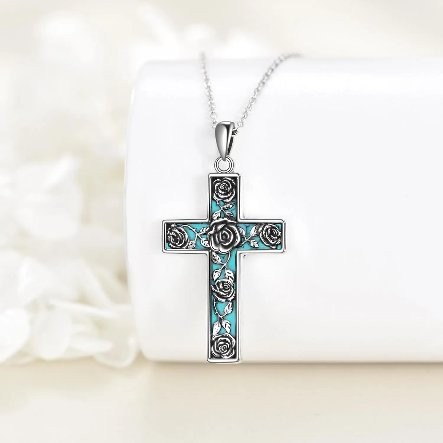 Turquoise Cross Necklace for Men Women S925 Sterling Silver Turquoise Pendant Necklaces Cross Jewelry Gifts